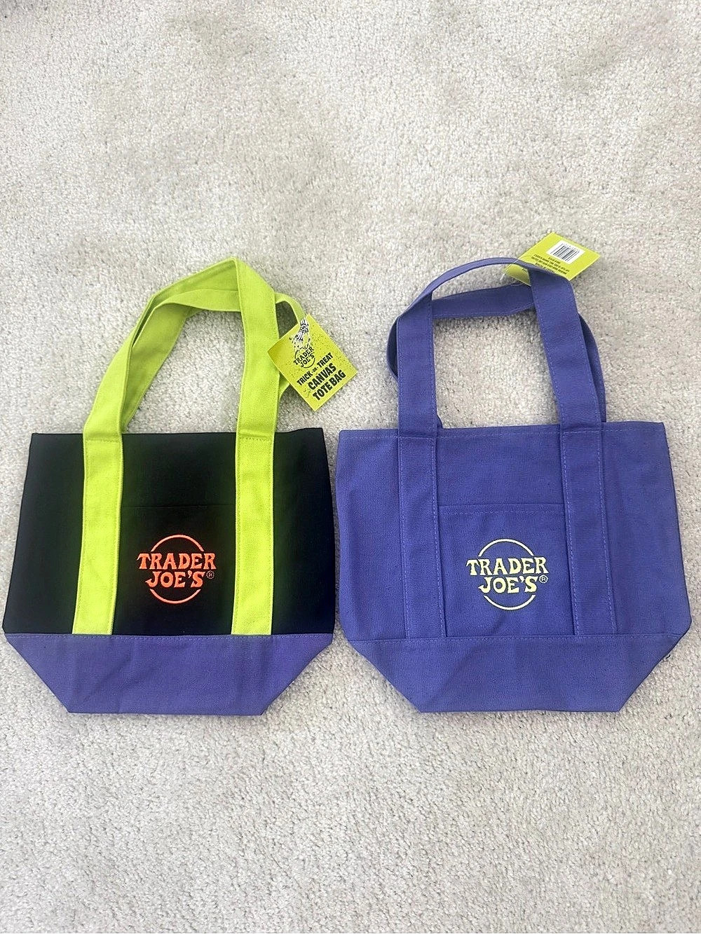 Trader Joe's Trick-or-Treat Mini Canvas Tote Bags (1) Purple & (1) Black - NWT